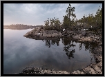 Jezioro Ładoga, Drzewa, Skały, Karelia, Rosja