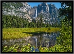Stany Zjednoczone, Kalifornia, Park Narodowy Yosemite, Skały, Wodospad, Drzewa, Kwiaty, Góry