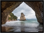 Zatoka Cathedral Cove, Jaskinia, Morze, Skały, Półwysep Coromandel, Region Waikato, Nowa Zelandia