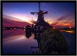 Holandia, Skansen Zaanse Schans, Wieczór, Wiatrak, Rzeka, Domy