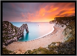 Anglia, Morze, Wybrzeże Jurajskie, Zachód słońca, Skały, Plaża, Łuk wapienny, Durdle Door