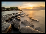 Zachód słońca, Morze, Skały, Zatoka Kimmeridge, Dorset, Anglia