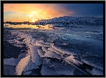 Islandia, Lodowiec Eyjafjallajökull, Zima, Lód, Kra, Wschód słońca