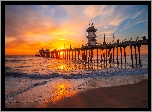 Morze, Fale, Plaża, Molo, Huntington Beach Pier, Zachód słońca, Huntington Beach, Kalifornia, Stany Zjednoczone