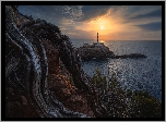 Morze, Skały, Latarnia morska, Faro de Cala Figuera, Zachód słońca, Majorka, Hiszpania