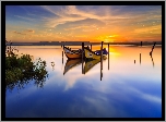 Portugalia, Murtosa, Jezioro, Laguna Ria de Aveiro, Łodzie, Zachód słońca