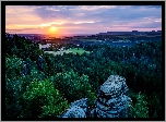 Park Narodowy Saskiej Szwajcarii, Niemcy, Drzewa, Skały, Wschód Słońca