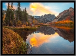 Stany Zjednoczone, Kalifornia, Eastern Sierra, Góry, Drzewa, Wschód słońca, Jezioro, North Lake, Chmury, Jesień