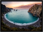 Morze, Zachód słońca, Góry, Skały, Plaża, Playa del Silencio, Asturia, Hiszpania