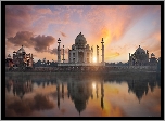 Zabytek, Mauzeleum, Tadź Mahal, Świątynia Miłości, Rzeka Jamuna, Zachód słońca, Agra, Indie