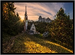 Kościół św. Jakuba, Włochy, Tyrol, Góry Dolomity, Drzewa, Promienie słońca