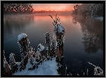 Zima, Jezioro Białe, Drzewa, Zachód słońca, Kołki, Miejscowość Szatura, Obwód moskiewski, Rosja