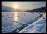Zima, Jezioro, Lód, Słońce