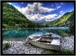 Słowenia ,Góry, Jezioro, Drzewa, Brzeg, Łódka