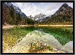 Słowenia, Góry, Jezioro, Jasna Lake, Las, Drzewa, Chmury, Odbicie