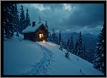 Zima, Drzewa, Dom, Śnieg, Droga, Góry, Chmury