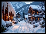 Góry, Domy, Zima, Śnieg, Sople, Droga