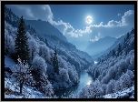 Zima, Góry, Las, Oszronione, Drzewa, Rzeka, Śnieg, Noc, Księżyc, Grafika AI