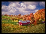 Stan Vermont, Wieś Reading, Farma Jenne Farm, Jesień, Wzgórza, Drzewa, Czerwone, Drewniane, Stodoły, Domy, Chmury, Stany Zjednoczone