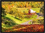 Stany Zjednoczone, Stan Vermont, Nowa Anglia, Jesień, Dom, Droga, Drzewa, Staw