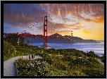 Stany Zjednoczone, Stan Kalifornia, San Francisco, Most Golden Gate Bridge, Cieśnina Golden Gate, Droga, Chmury, Zachód słońca