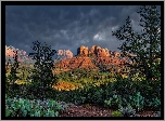 Stany Zjednoczone, Arizona, Sedona, Skały, Cathedral Rock, Drzewa, Chmury, Kaktusy