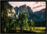 Stany Zjednoczone, Stan Kalifornia, Park Narodowy Yosemite, Góry Sierra Nevada, Wodospad Yosemite, Drzewa