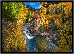 Stany Zjednoczone, Kolorado, Młyn, Crystal Mill, Jesień, Drzewa, Krzewy, Rzeka