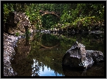 Stany Zjednoczone, Stan Waszyngton, Moulton Falls Regional Park, Rzeka Lewis, Most Moulton Falls Bridge, Rzeka, Kamienie, Las