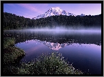 Stany Zjednoczone, Stan Waszyngton, Park Narodowy Mount Rainier, Góry, Stratowulkan Mount Rainier, Las, Jezioro Bench Lake, Trawa, Mgła, Odbicie