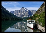 Stany Zjednoczone, Montana, Park Narodowy Glacier, Jezioro, Josephine Lake, Góry, Mount Gould, Las, Łódź, Pomost