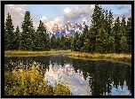 Stany Zjednoczone, Stan Wyoming, Park Narodowy Grand Teton, Rzeka Snake River, Góry Teton Range, Drzewa, Trawy, Odbicie