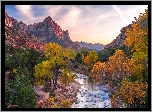 Stany Zjednoczone, Stan Utah, Park Narodowy Zion, Góry Watchman, Rzeka, Virgin River, Kamienie, Drzewa, Wschód słońca