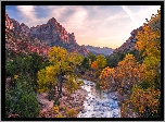 Stany Zjednoczone, Stan Utah, Park Narodowy Zion, Góry Watchman, Rzeka, Virgin River, Kamienie, Drzewa, Wschód słońca