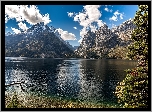 Stany Zjednoczone, Stan Wyoming, Park Narodowy Grand Teton, Jezioro Jenny Lake, Góry, Drzewa
