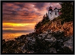 Stany Zjednoczone, Stan Maine, Park Narodowy Acadia, Bass Harbor, Latarnia morska, Morze, Skały, Zachód słońca