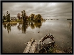 Jezioro, Stara, Łódka, Pomost, Kaczka, Drzewa, Budynki, Odbicie
