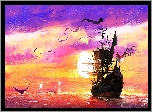 Okręt, Statek, Morze, Ptaki, Zachód słońca, Painting
