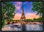 Francja, Paryż, Wieża Eiffla, Rzeka, Sekwana, Drzewa, Statki