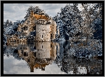 Drzewa, Staw, Dworek, Scotney Castle, Staw, Zieleń, Chmury, Hrabstwo Kent, Anglia Dworek