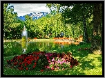 Park, Staw, Fontanna, Kwiaty, Drzewa, Góry, Lato
