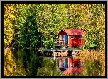 Staw, Las, Domek, Pomost, Jesień