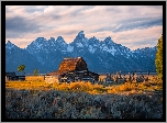 Stodoła, Drewniana, Chata, Góry Teton Range, Drzewa, Park Narodowy Grand Teton, Stan Wyoming, Stany Zjednoczone