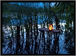 Stolik, Lampion, Suche, Trawy, Odbicie, Staw