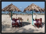 Stoliki, Parasole, Plaża, Morze, Kamienie, Wakacje