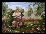 Ogród, Studnia, Kwiaty