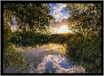 Rosja, Stupino, Park, Jezioro, Las, Drzewa, Zachód słońca