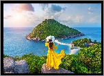 Morze, Skały, Kobieta, Sukienka, Kapelusz, Drzewa, Rośliny, Chmury, Wyspa Koh Nang Yuan, Tajlandia
