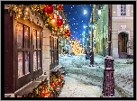 Zima, Śnieg, Ulica, Domy, Latarnie, Ozdoby, Świąteczne, Girlandy, Bombki, Boże Narodzenie