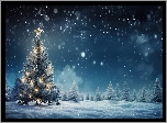 Zima, Las, Śnieg, Noc, Drzewa, Choinka, Światełka, Gwiazda, Bombki, Boże Narodzenie